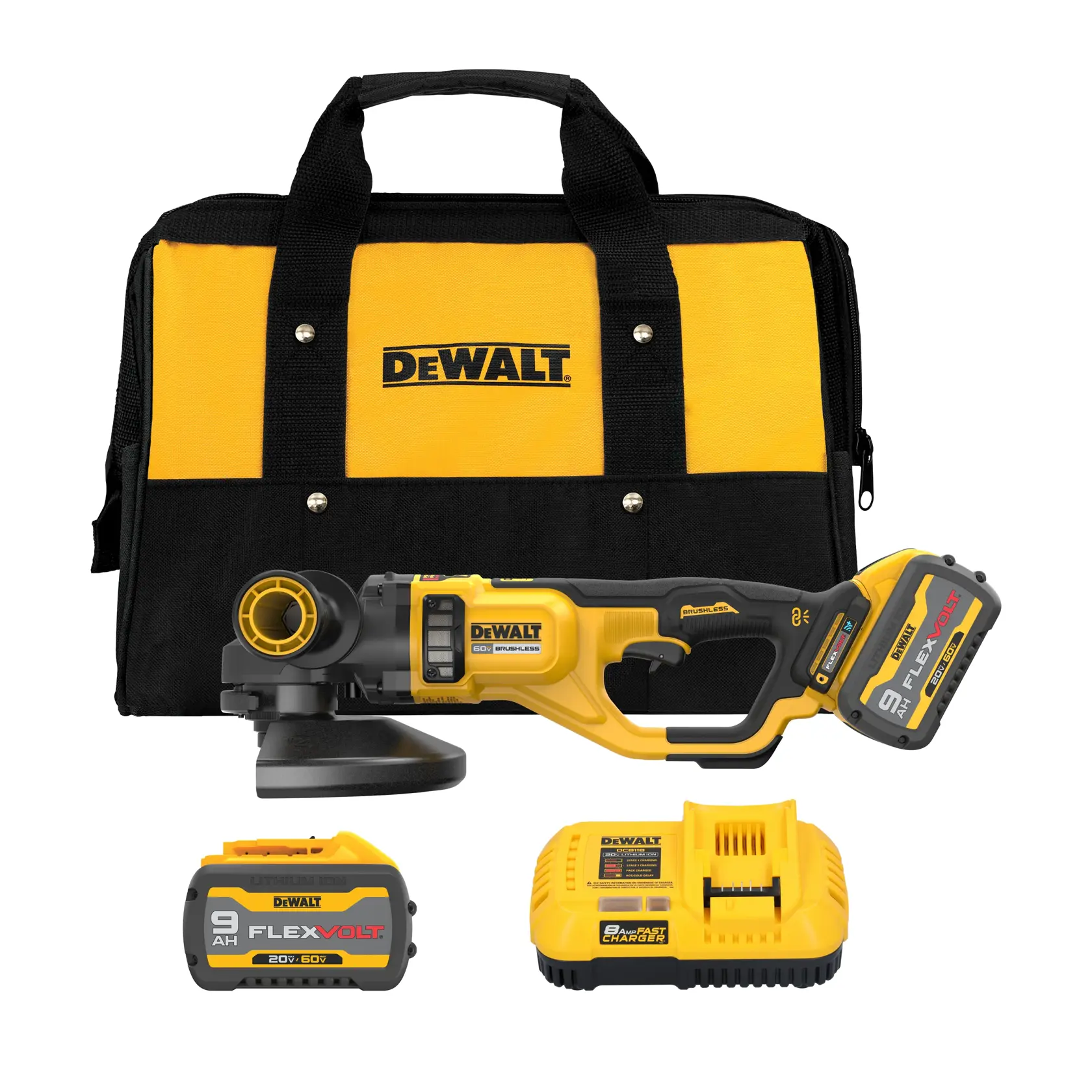 FLEXVOLT® 60V MAX* 7-In. - 9-In. (178mm - 230mm) Cordless Large Angle Grinder With (2) 9.0 Ah Batteries And Charger